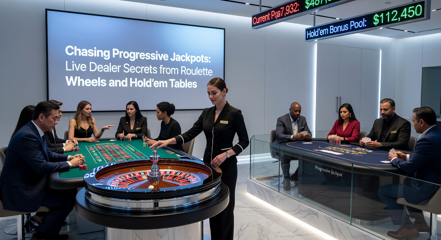Ein intensives Live-Hold’em-Tisch-Setup mit progressivem Jackpot-Meter, das aufsteigt, Dealer-Karten und Spieler, die All-ins pushen