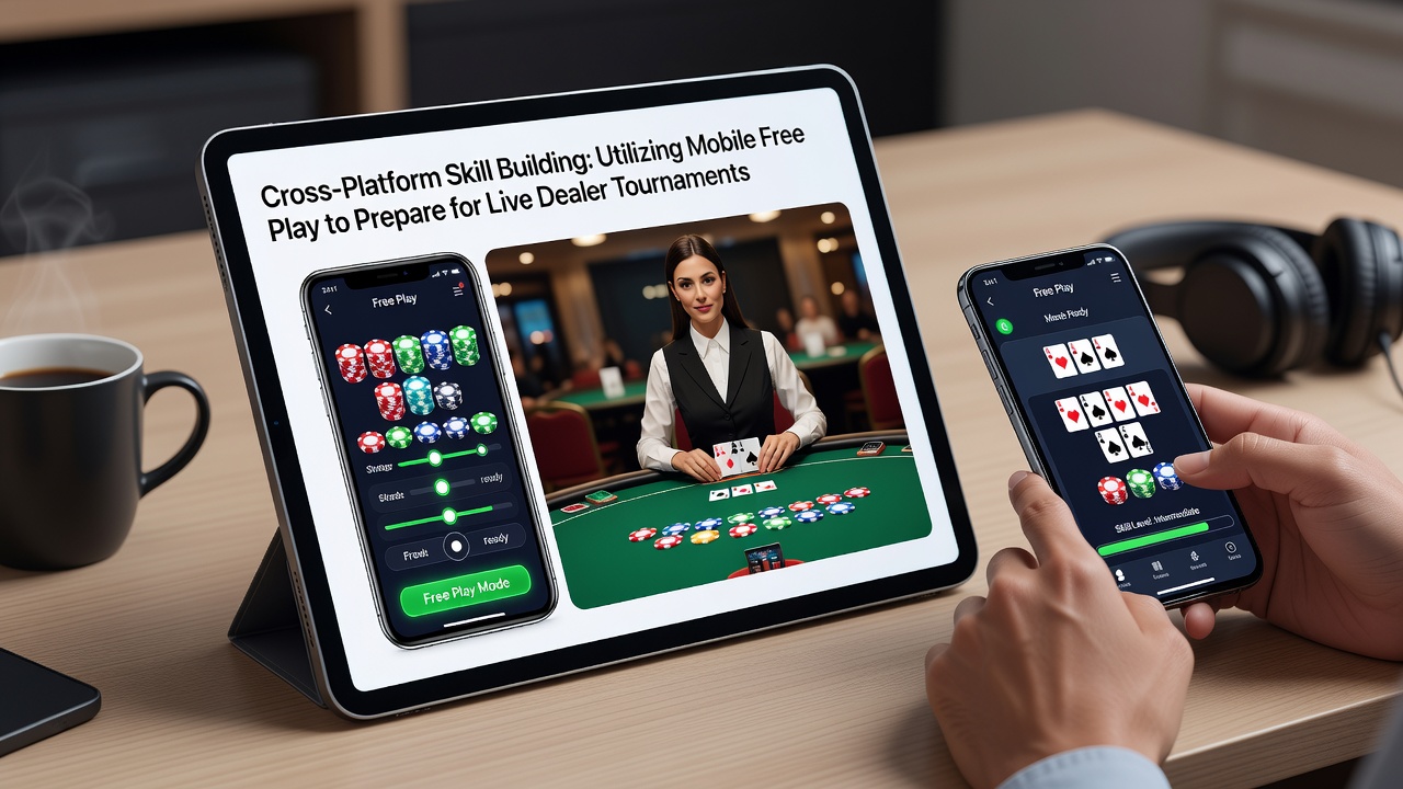 Live-Dealer-Tisch mit Roulette-Rad und Poker-Karten während eines Turniers mit mobilen Geräten im Vordergrund
