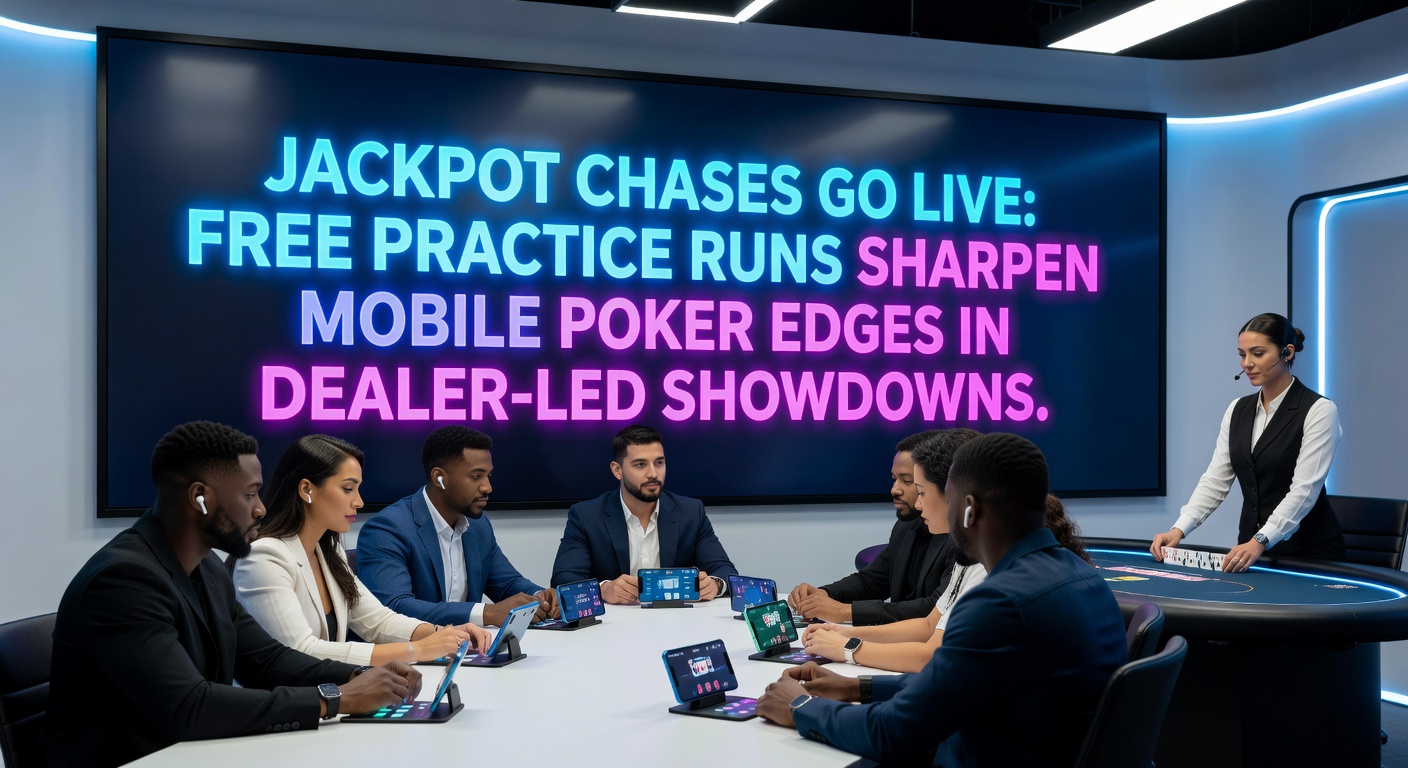 Live-Dealer-Poker-Tisch mit Jackpot-Anzeige und mobilen Spielern, die Übungsstrategien testen