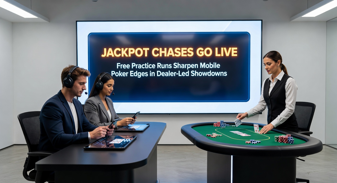 Mobilgerät zeigt Poker-App mit laufendem Jackpot-Chase und Dealer-Stream, während Übungsdaten im Hintergrund laufen