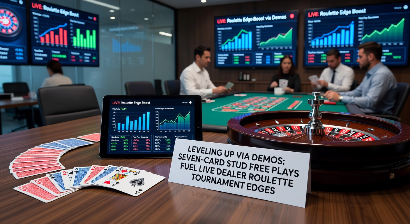 Spieler analysiert Karten in einer Seven-Card-Stud-Demo, während ein Live-Roulette-Tisch im Hintergrund sichtbar ist