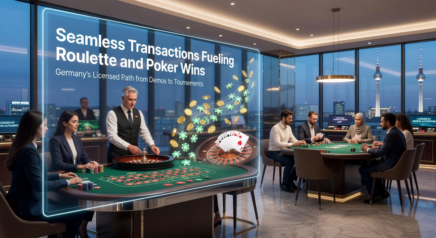 Darstellung nahtloser Zahlungstransaktionen in einem lizenzierten Online-Casino mit Roulette- und Poker-Elementen auf einem modernen Smartphone-Bildschirm