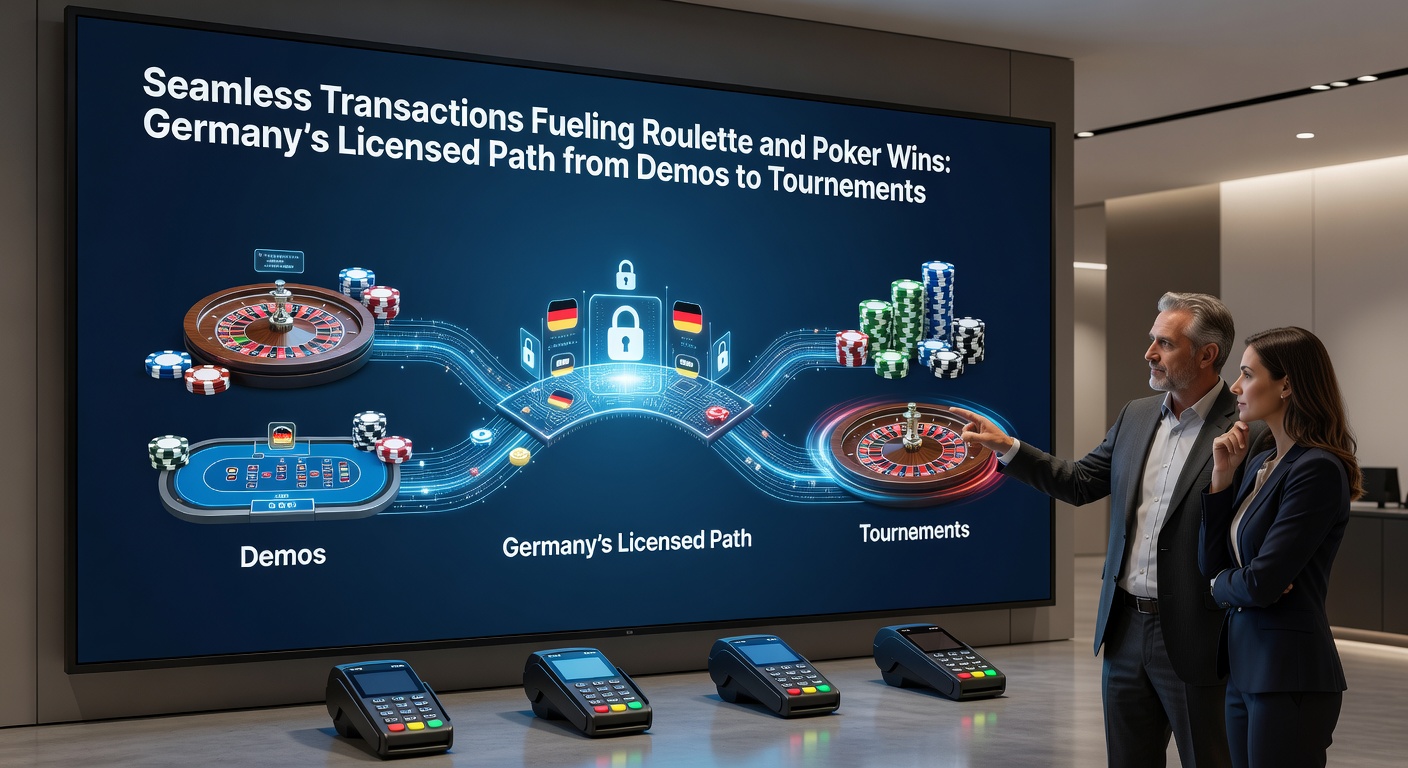 Grafik eines Poker-Turniers mit nahtlosen Transaktions-Icons und lizenzierten deutschen Casino-Elementen, inklusive GGL-Siegel